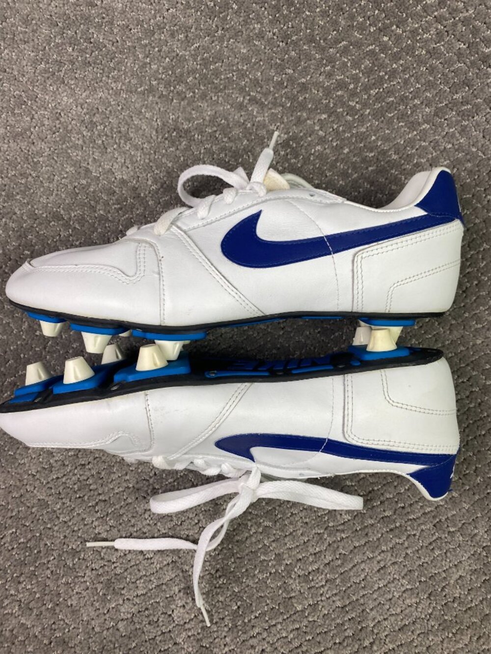 Vintage 80s Nike Marauder Football Cleats Men's 12 White Blue Baseball Soccer